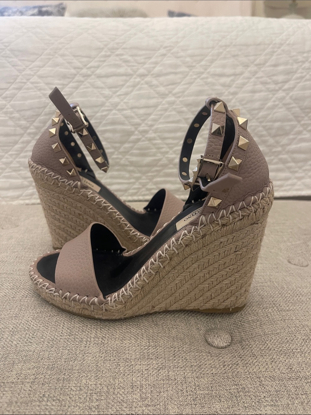 Valentino Studded Ankle-Strap Wedge Sandals - Taupe